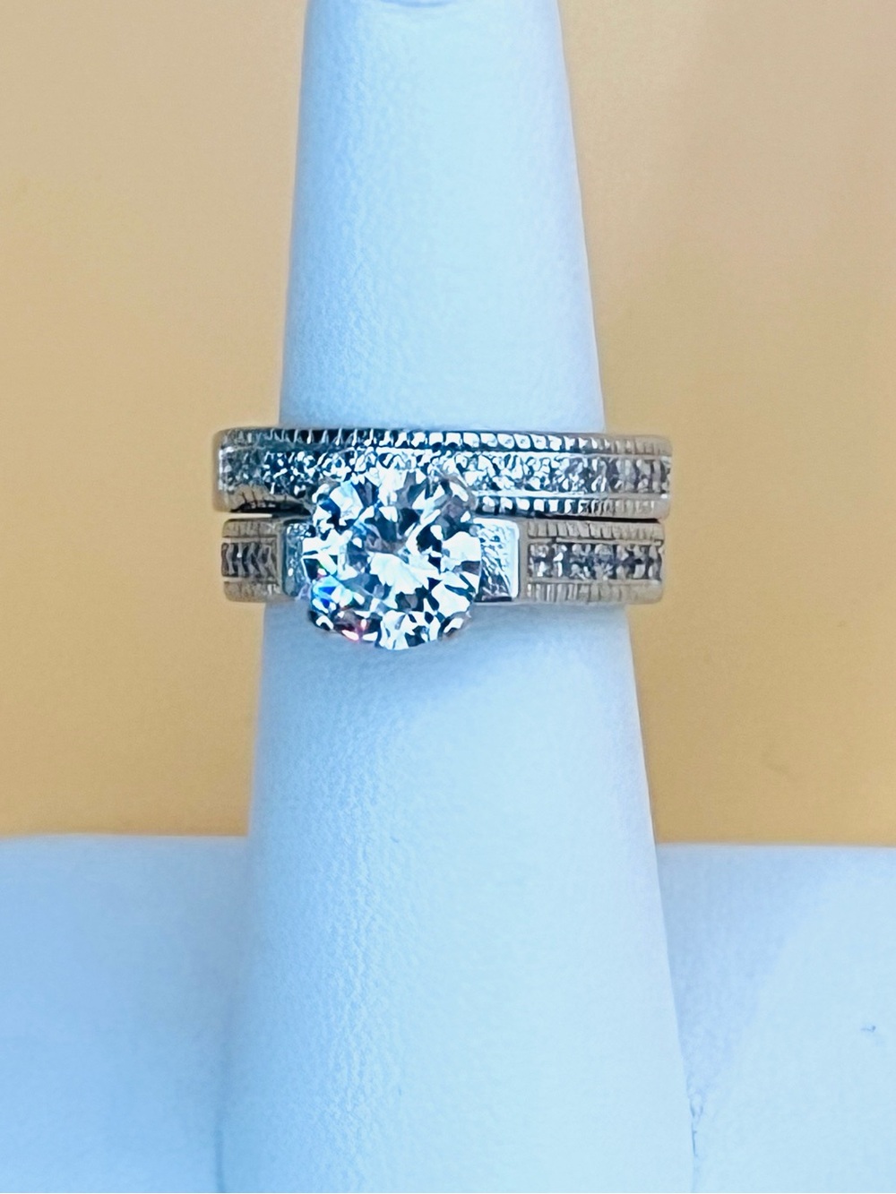 Silver wedding ring set size 6, large round clear CZ stamped .925